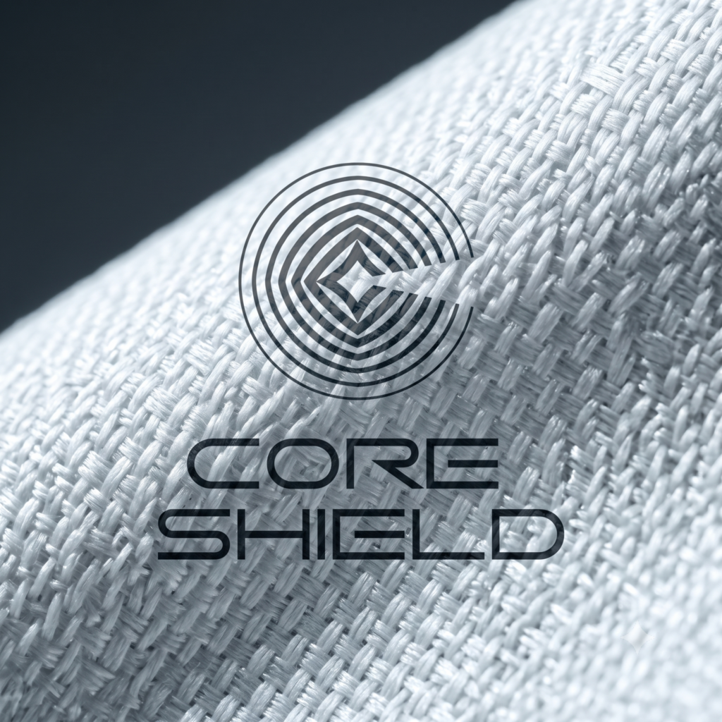 CORE SHIELDブランドロゴと高機能生地のクローズアップ